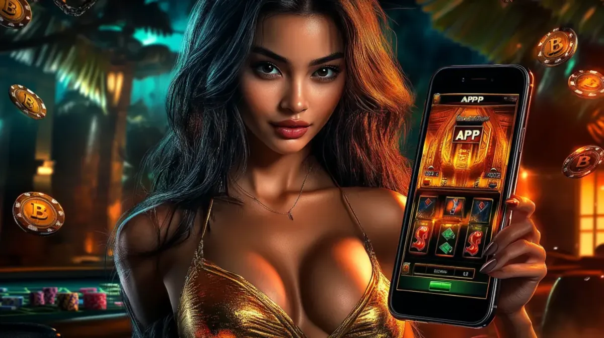 গোল্ডেন টপ পরিহিত এক সুন্দরী নারী তার ফোনে xbaj APP ধরেছেন, একটি সমৃদ্ধ ট্রপিক্যাল গেমিং প্ল্যাটফর্ম সেট-আপে। ভাসমান বিটকয়েন চিপগুলো সেই বৈচিত্র্যময় ও আকর্ষণীয় পরিবেশকে আরও বাড়িয়ে দেয়।