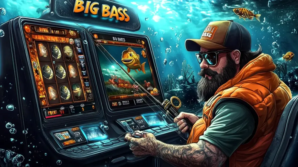 xbaj-এ সানগ্লাস পরা দাড়িওয়ালা এক জেলে Big Bass-থিমা-যুক্ত মাছ ধরার গেমটি খেলছেন। পানির নিচে অবস্থানরত একটি সেটিং-এ ডিভাইসটির স্ক্রিনে এই থিমটি প্রকাশিত হচ্ছে।