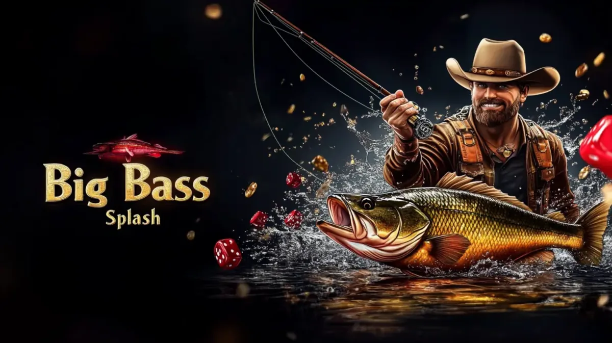 xbaj-এ উপলব্ধ Big Bass Splash গেমটির প্রচারণায় কাউবয় হ্যাট পরা এক হাসিখুশি জেলে বড় একটি bass মাছ ধরেন।