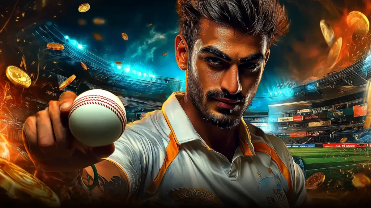 xbaj-এ ক্রিকেট-গেমিংয়ের উত্তেজনাপূর্ণ জগৎ প্রচারের জন্য ভীড়ভরা স্টেডিয়ামে একটি মনোযোগী পুরুষ ক্রিকেটার একটি ক্রিকেট বল উঁচু করে ধরেছেন; স্বর্ণালী কয়েন ও আগুন-প্রভাব দৃশ্যটিকে আরও নাটকীয় করে।